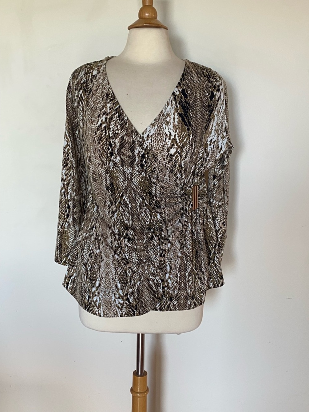 Calvin Klein Brown and Cream Snake Print Faux-Wrap Long Sleeve Top Large